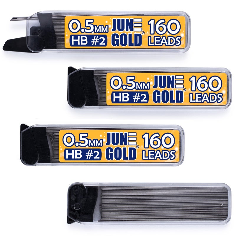 June Gold يونيو جولد 640 قطعة، 0.5 مم HB #2 إعادة تعبئة الرصاص، 160 قطعة لكل موزع، سمك رفيع، رصاص/جرافيت مقاوم للكسر (عبوة من 4 موزعات) - Image 1